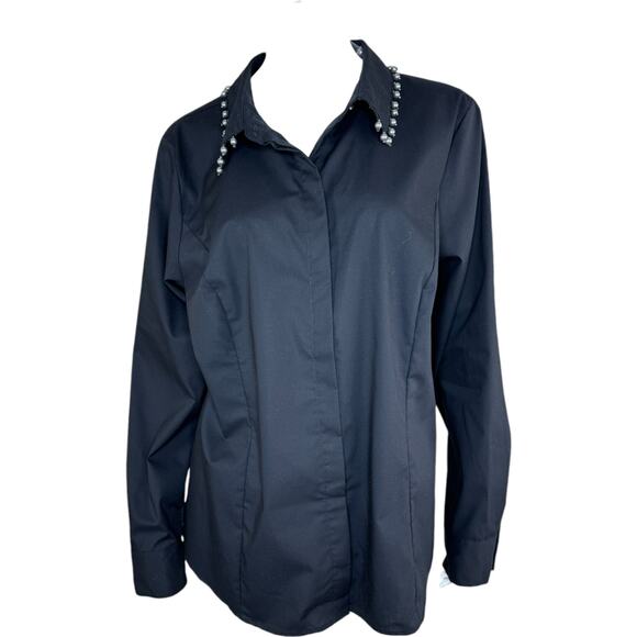 BEAUTIFUL by Lawrence Zarian Hidden Placket Poplin Shirt W/ Pearl Detail Black L - Picture 1 of 14